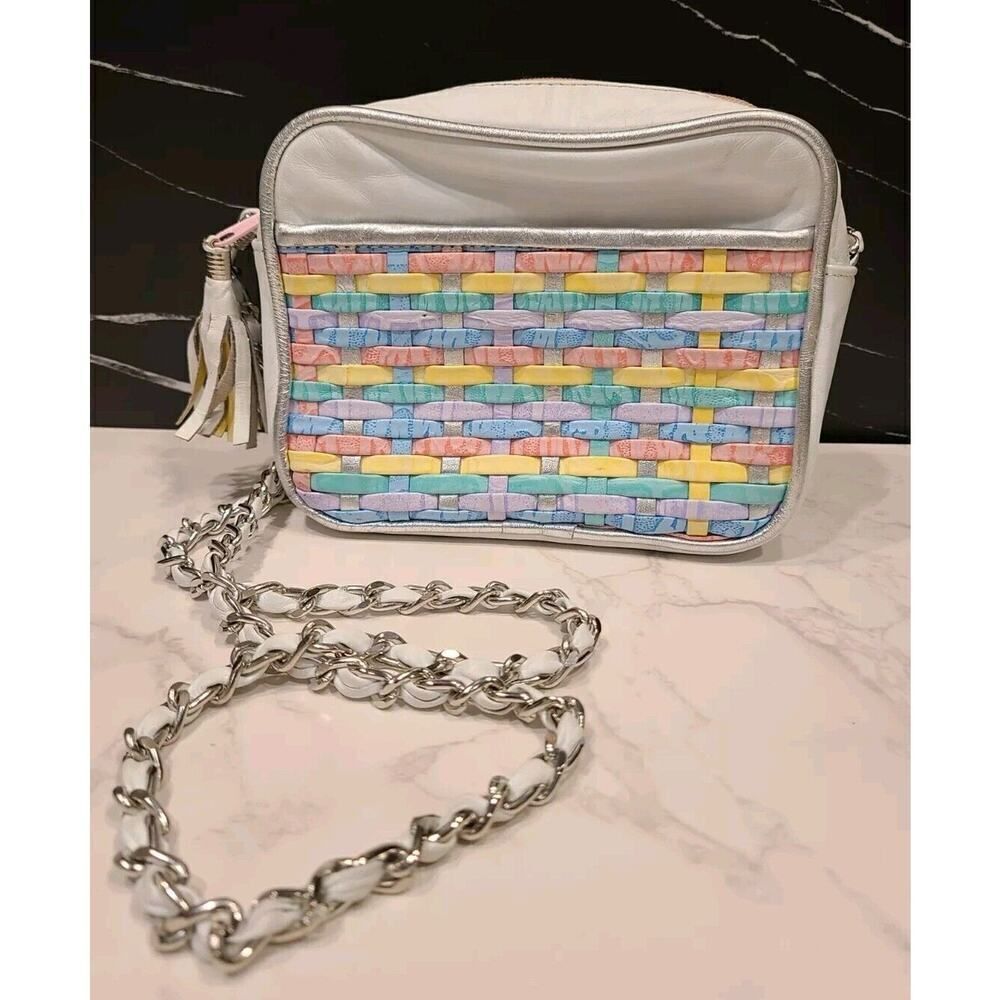 Vintage Dove White Leather Pastel Woven Crossbody Shoulder Bag Chain Strap GUC